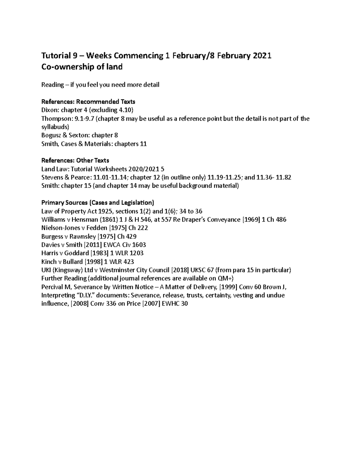 Tutorial 9 – Co-ownership of land - Tutorial 9 – Weeks Commencing 1 ...