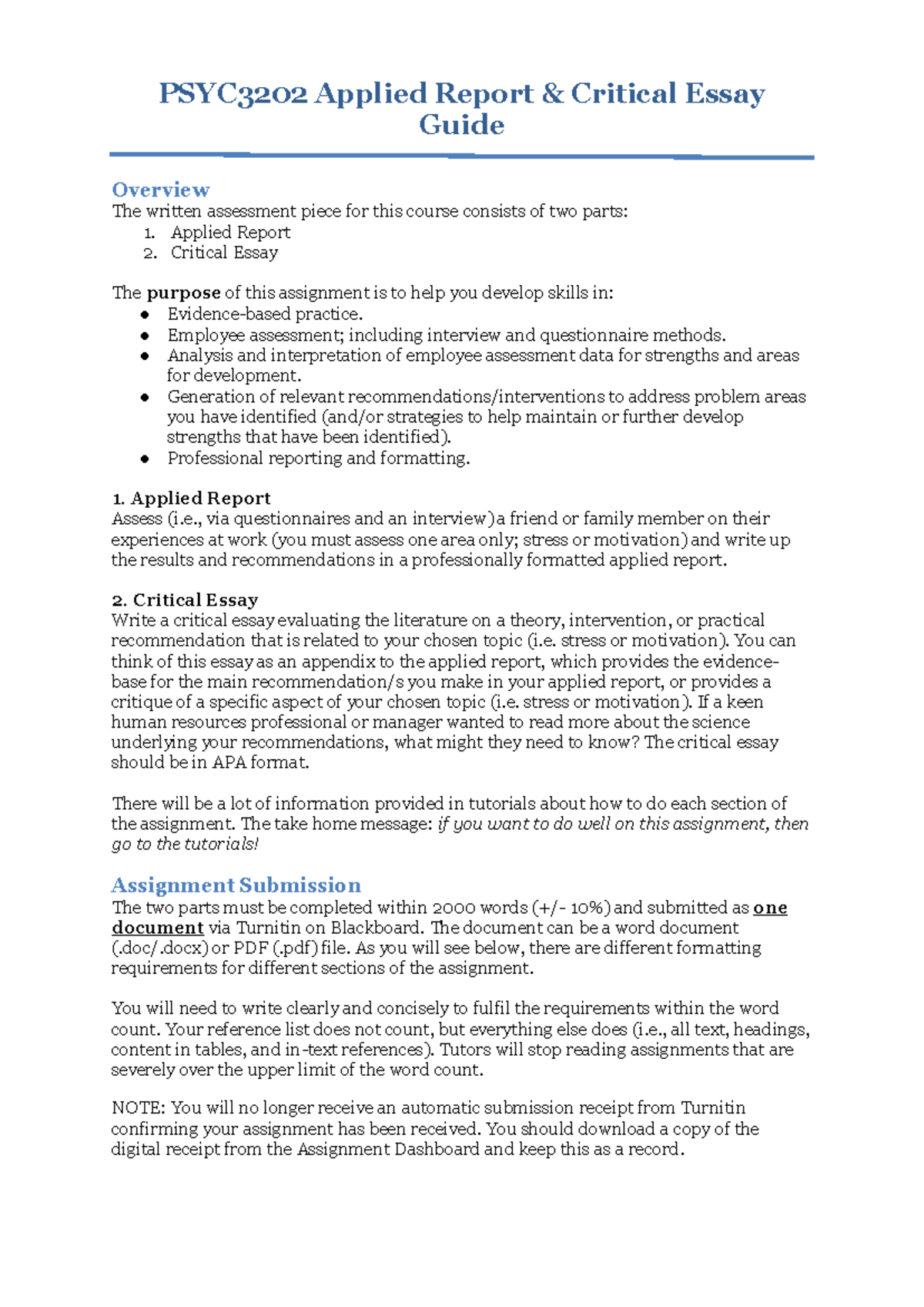 PSYC3202 Applied Report and Critical Essay Guide - PSYC3202 Applied ...