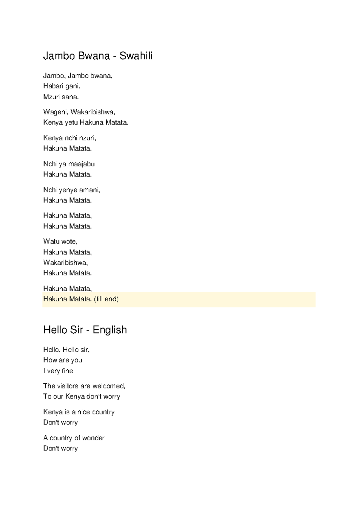 Jambo-Bwana-Lyrics - Physiological counselling - Jambo Bwana - Swahili Jambo,  Jambo bwana, Habari - Studocu