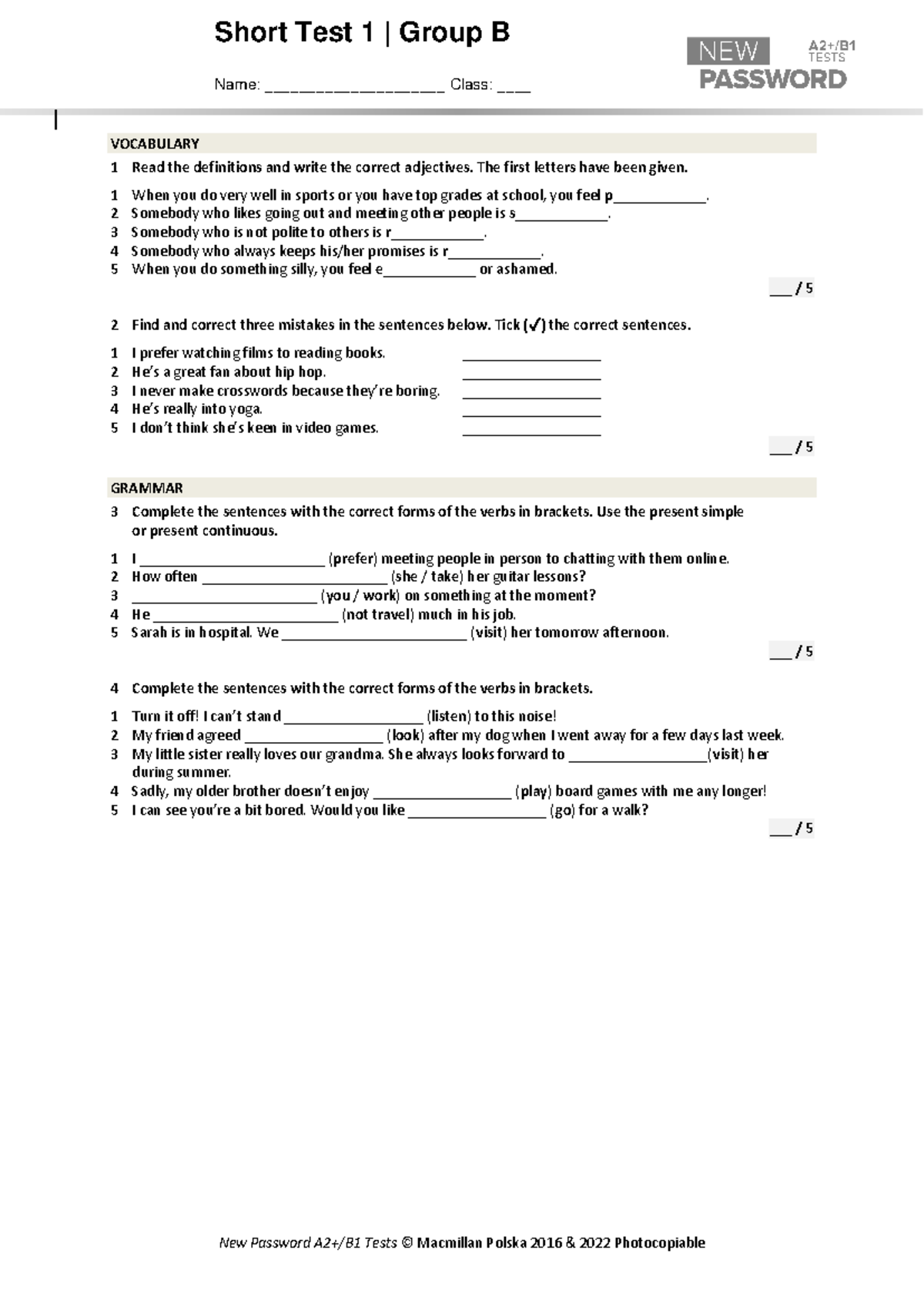 Short Test 1B: New Password A2+B1 Vocabulary & Grammar - Studocu