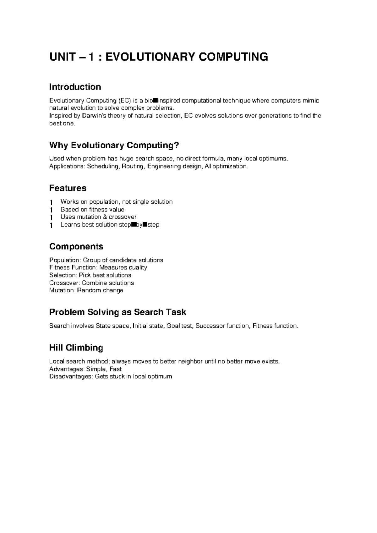 NIC 101: Unit 1 - Introduction to Evolutionary Computing - Studocu