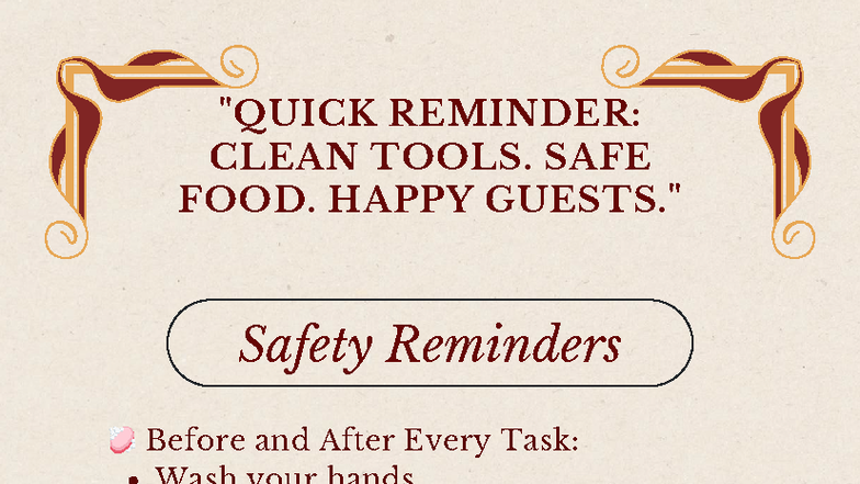 Safety reminders. Foodsafety - Hospitality Management - 