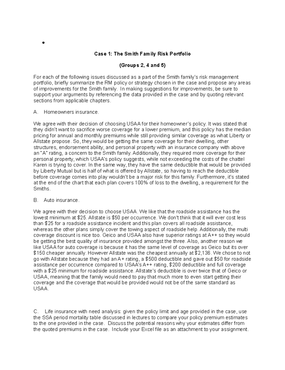 FIN 361 - Personal risk management - Case 1: The Smith Family Risk ...