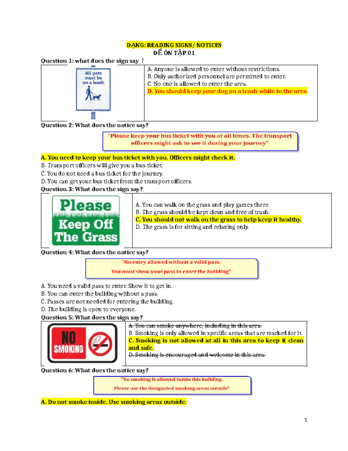 DẠNG: READING SIGNS & NOTICES ĐỀ ÔN TẬP 01 - Studocu