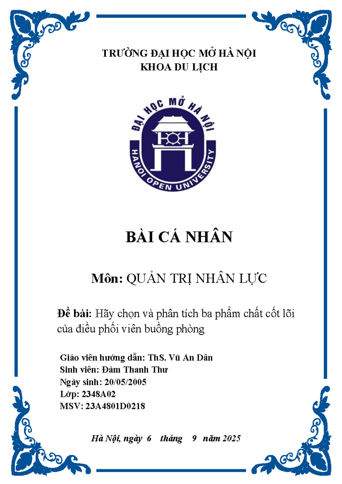 Bài Cá Nhân: Phẩm Chất Cốt Lõi của Điều Phối Viên Buồng Phòng - Môn ...