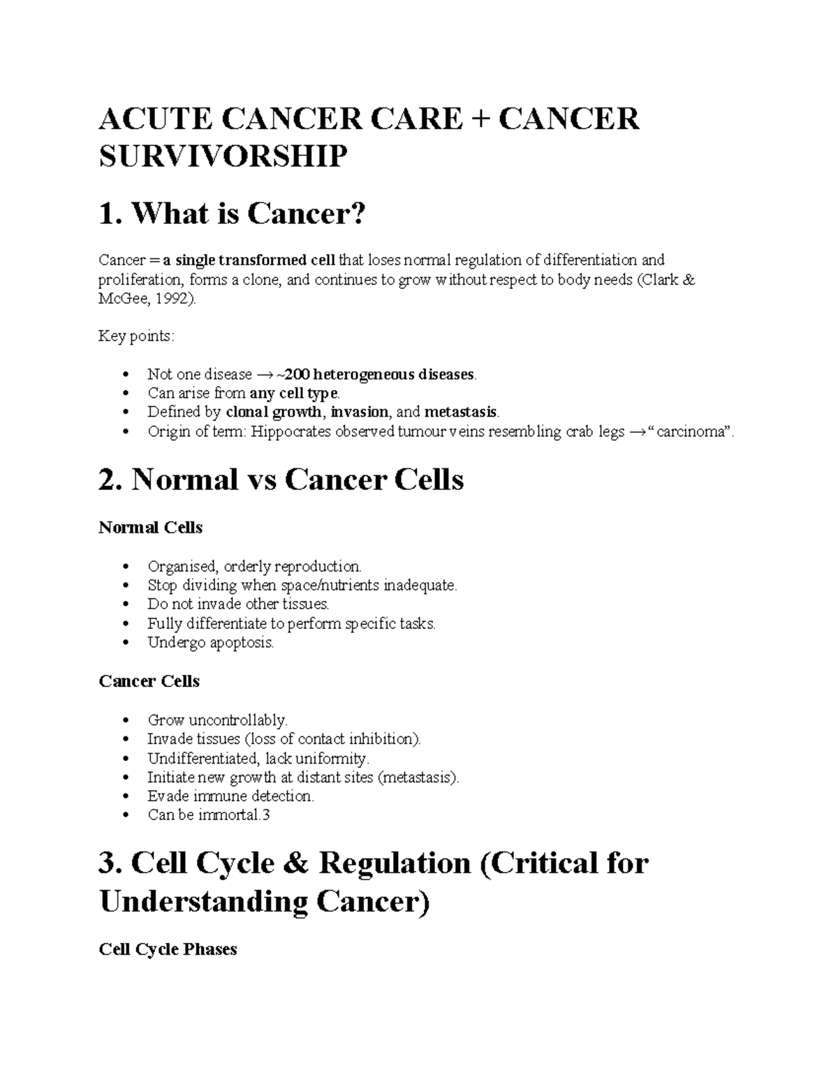 ACUTE CANCER CARE: Understanding Cancer and Survivorship - Studocu