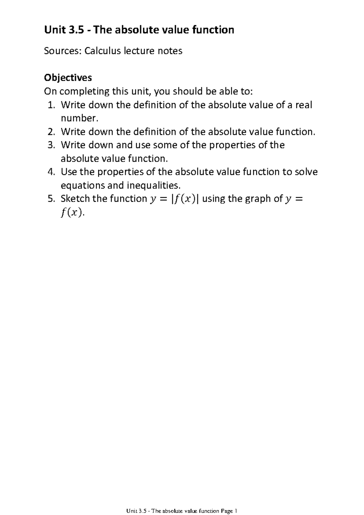 Unit 3.5 Calculus Lecture Notes: The Absolute Value Function - Studocu
