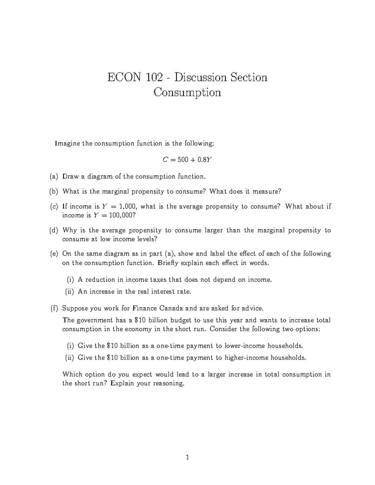ECON 102 - Discussion Section on Consumption Function Analysis - Studocu
