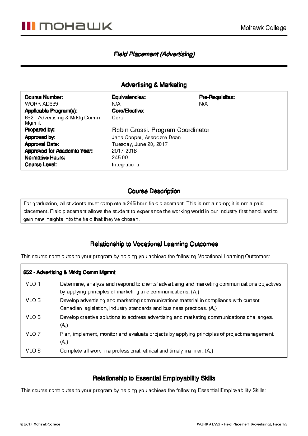 WORK Field Placement in Advertising - Mohawk College 652 - Studocu
