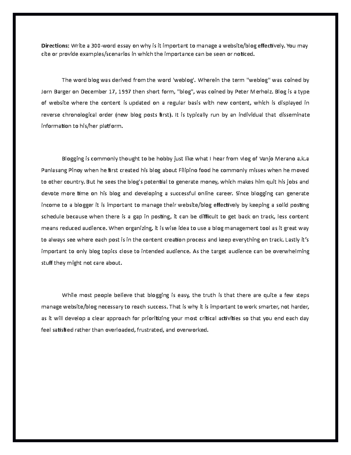 13 Seatwork 1 - Importance of Effective Blog Management (300 words ...
