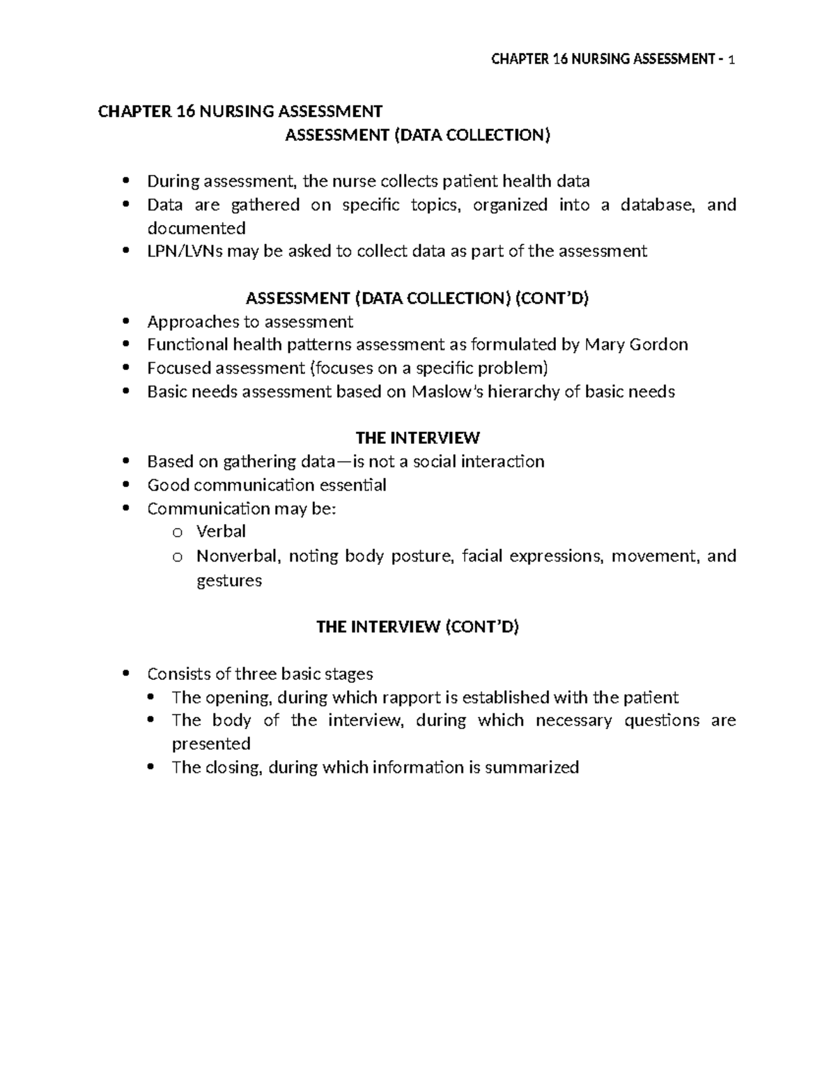 CHAPTER 16 NURSING ASSESSMENT: DATA COLLECTION & INTERVIEW TECHNIQUES ...