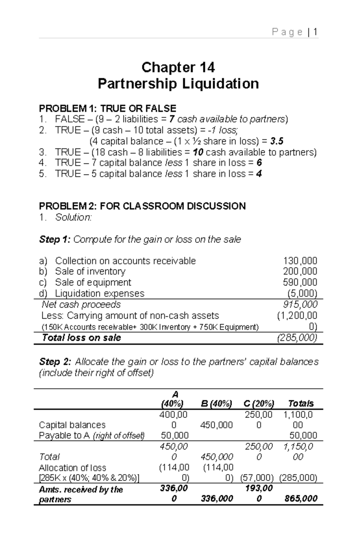 Chapter 14 - Partnership Liquidation Solutions (PROBLEMS & DISCUSSION ...