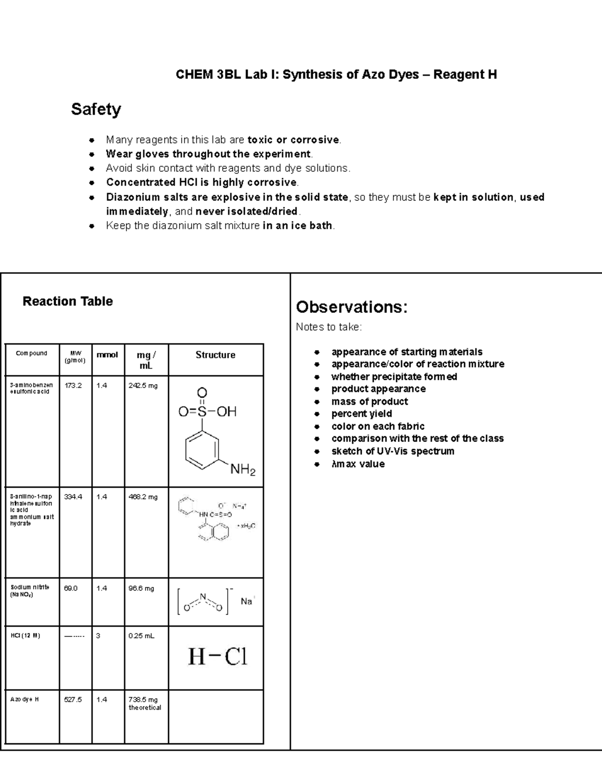 CHEM 3BL Lab I: Synthesis of Azo Dyes - Reagent H Safety & Procedure ...