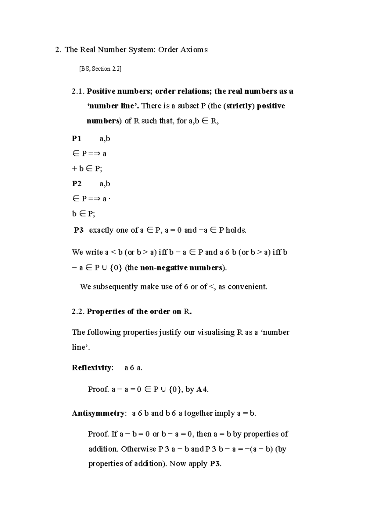 Analysis of the Real Number System: Order Axioms [BS, Sec 2.2] - Studocu