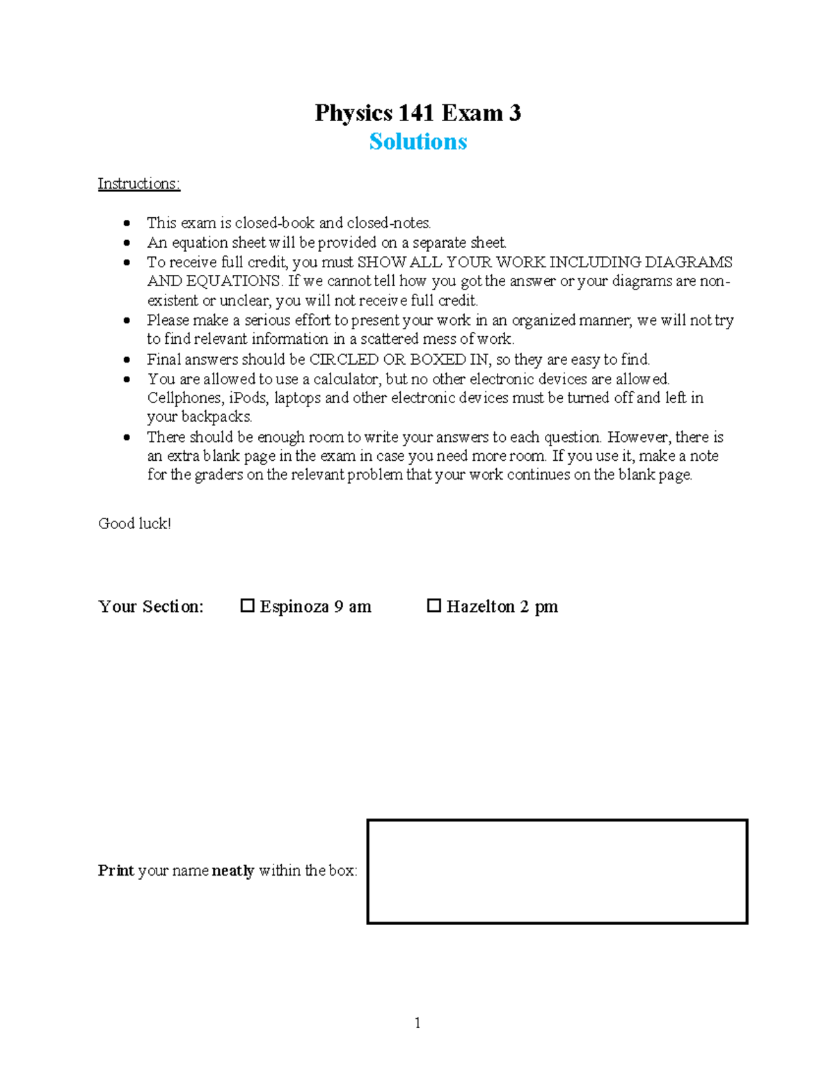 Physics 141 Practice Exam 3 Solutions and Instructions - Studocu