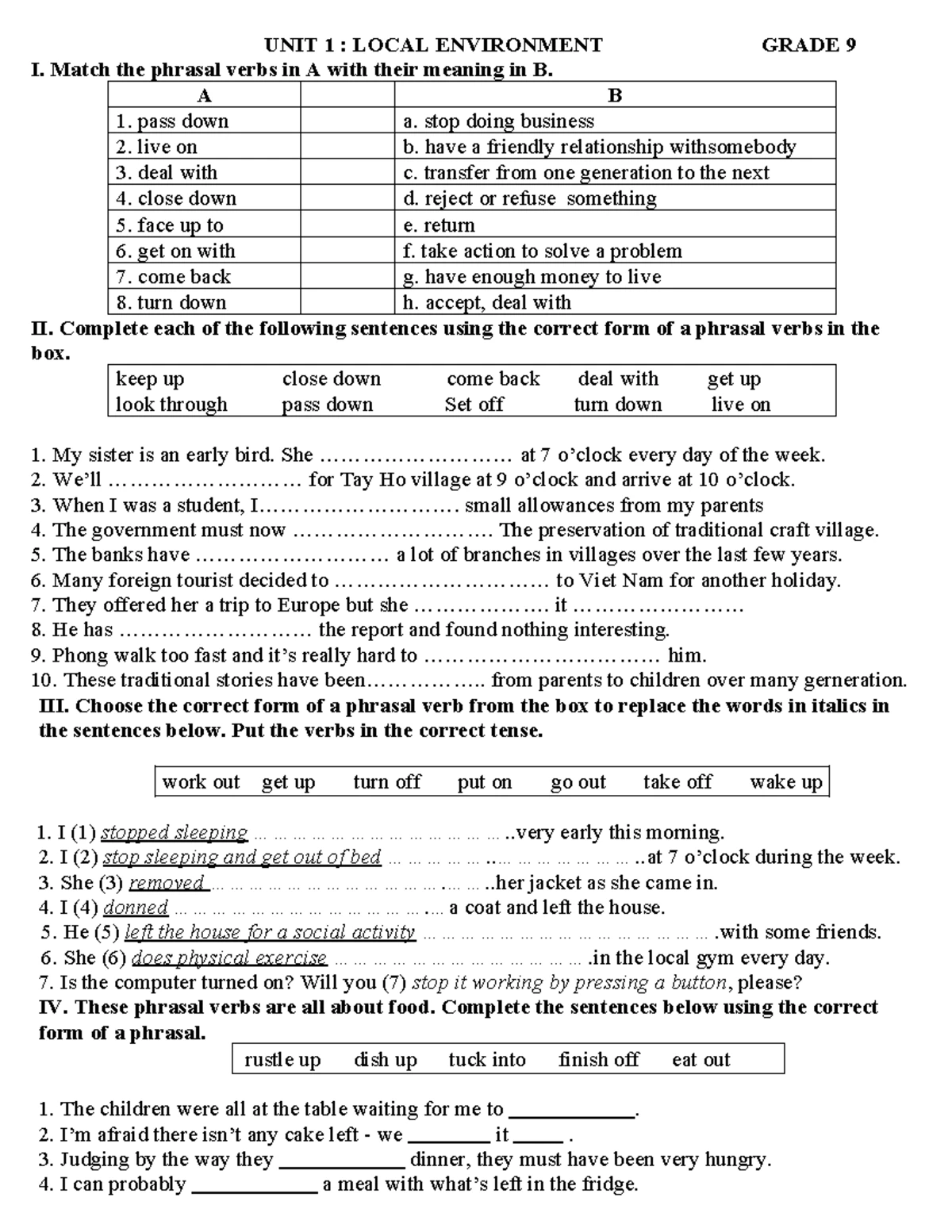 UNIT 1 - Grade 9 Exercises for Pronunciation and Sentence Completion ...