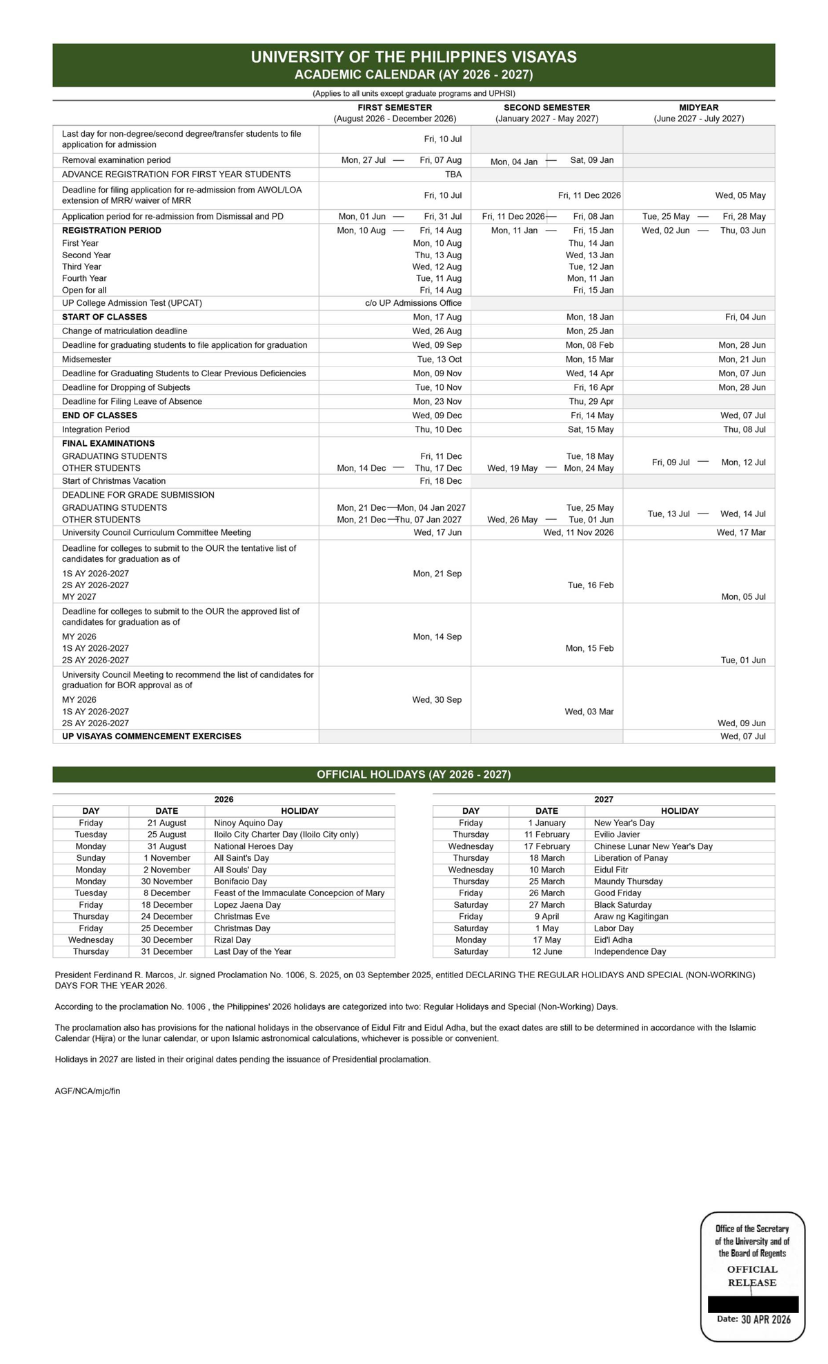 UP Visayas Academic Calendar AY 2026-2027 (Undergraduate Programs ...