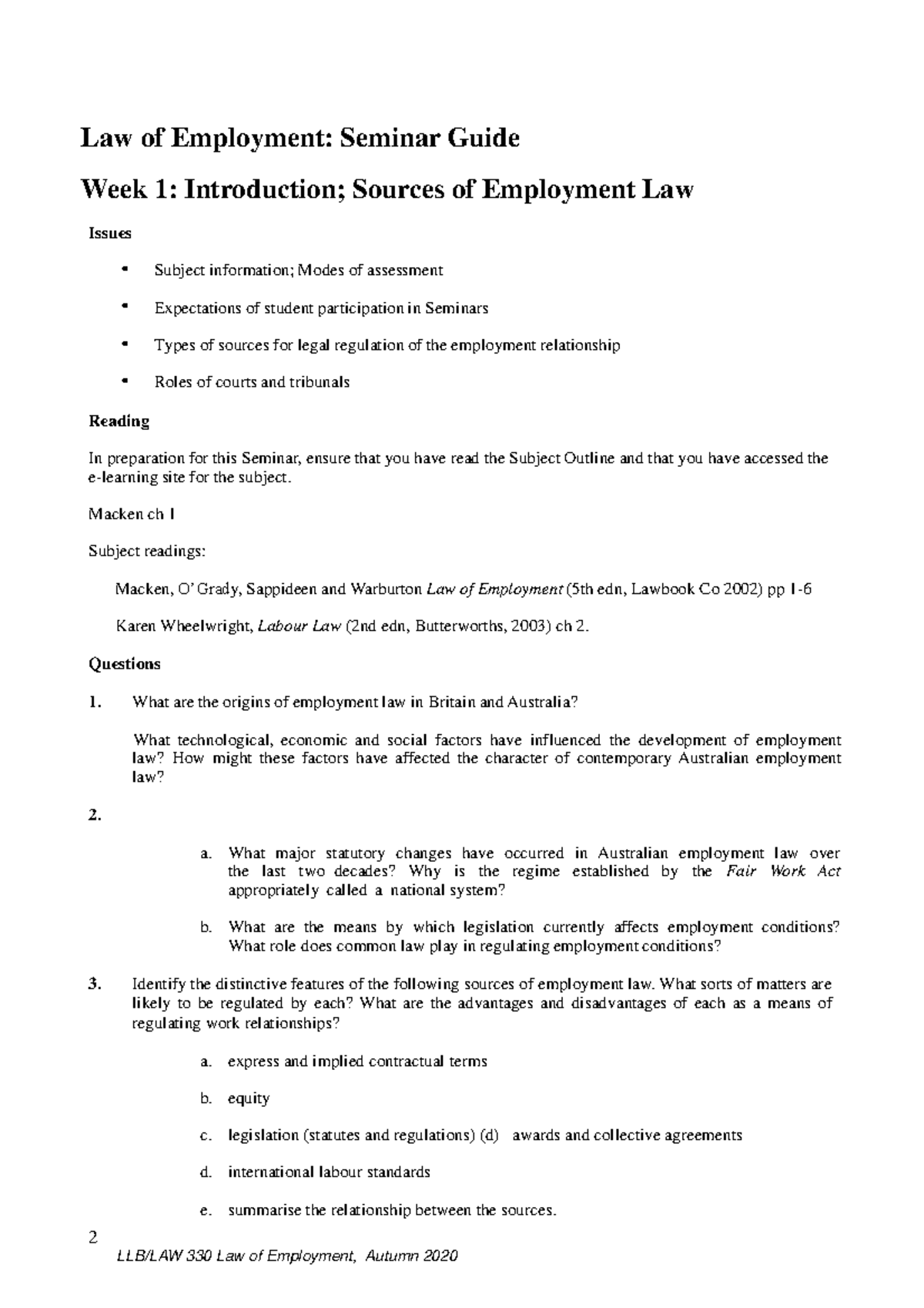 Seminar Guide (2021) - 2 Law of Employment: Seminar Guide Week 1 ...