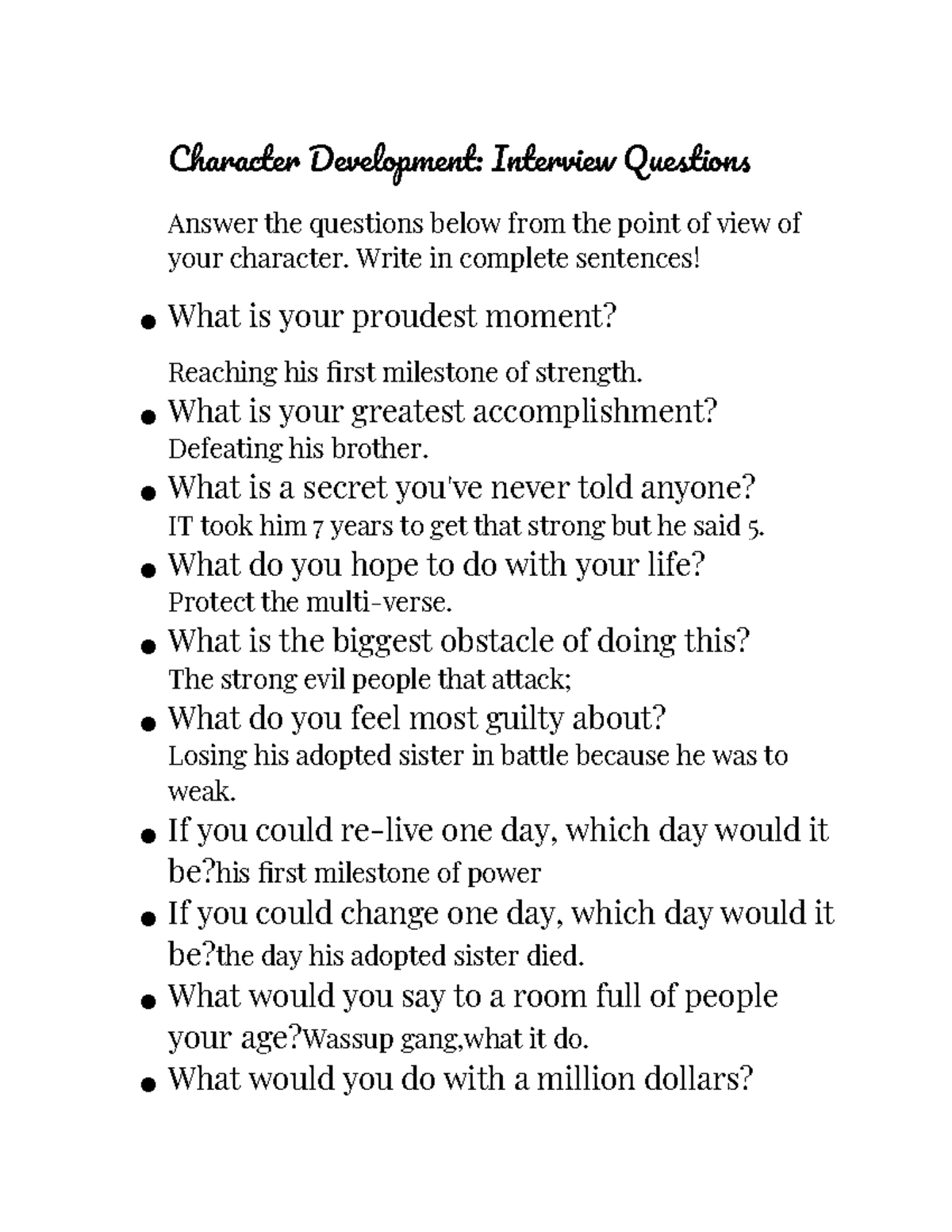 Interview Questions-1 - Character Development: Interview Questions ...