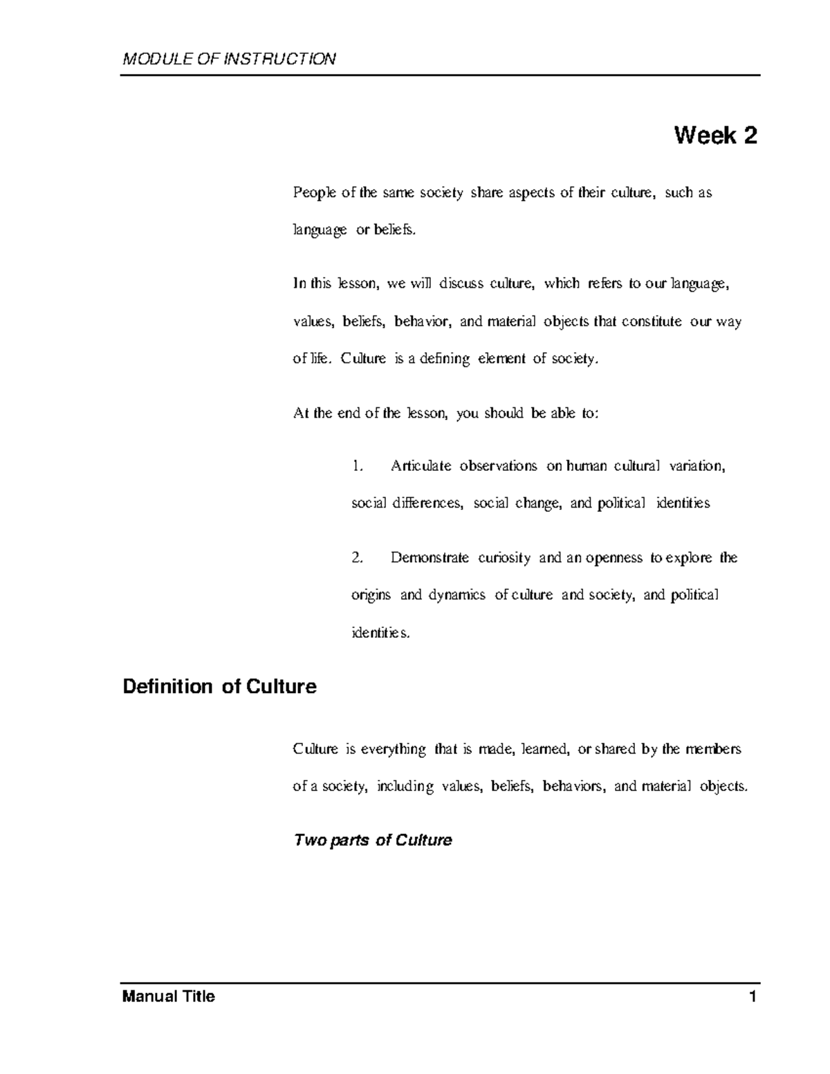Week 002 Defining Culture and Society - Week 2 People of the same ...