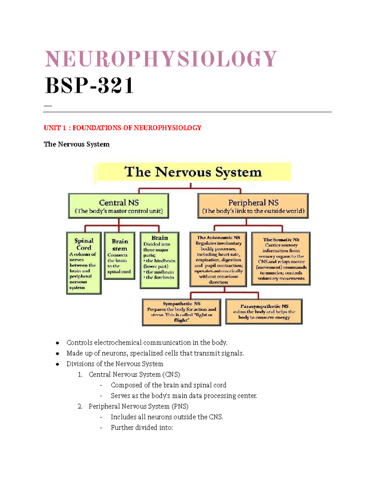 BSP 321 - Neurophysiology Unit 1: Foundations of the Nervous System ...