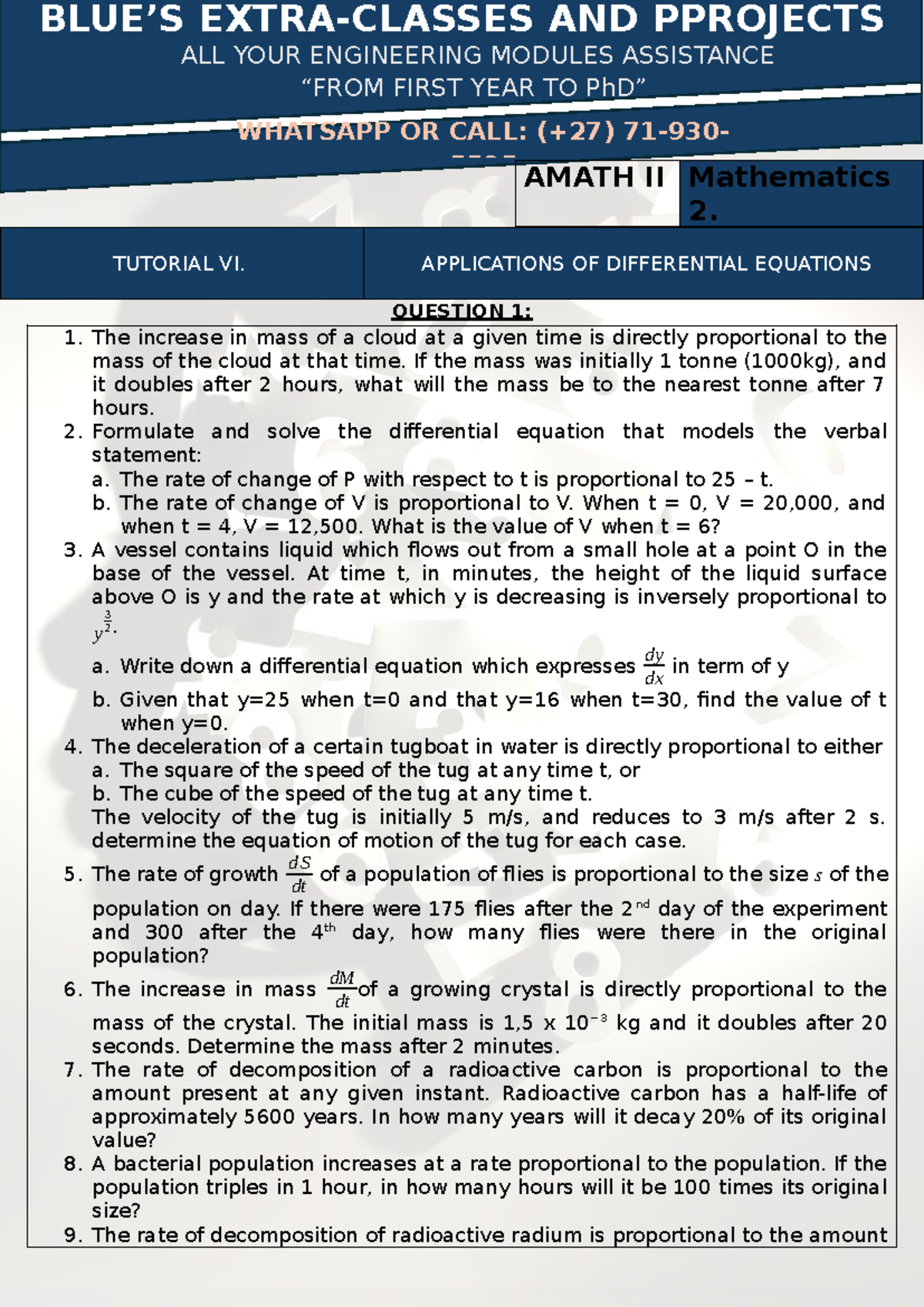Nathematics 2 Tutorial 6 BLUE'S Extra Classes - TUTORIAL VI ...