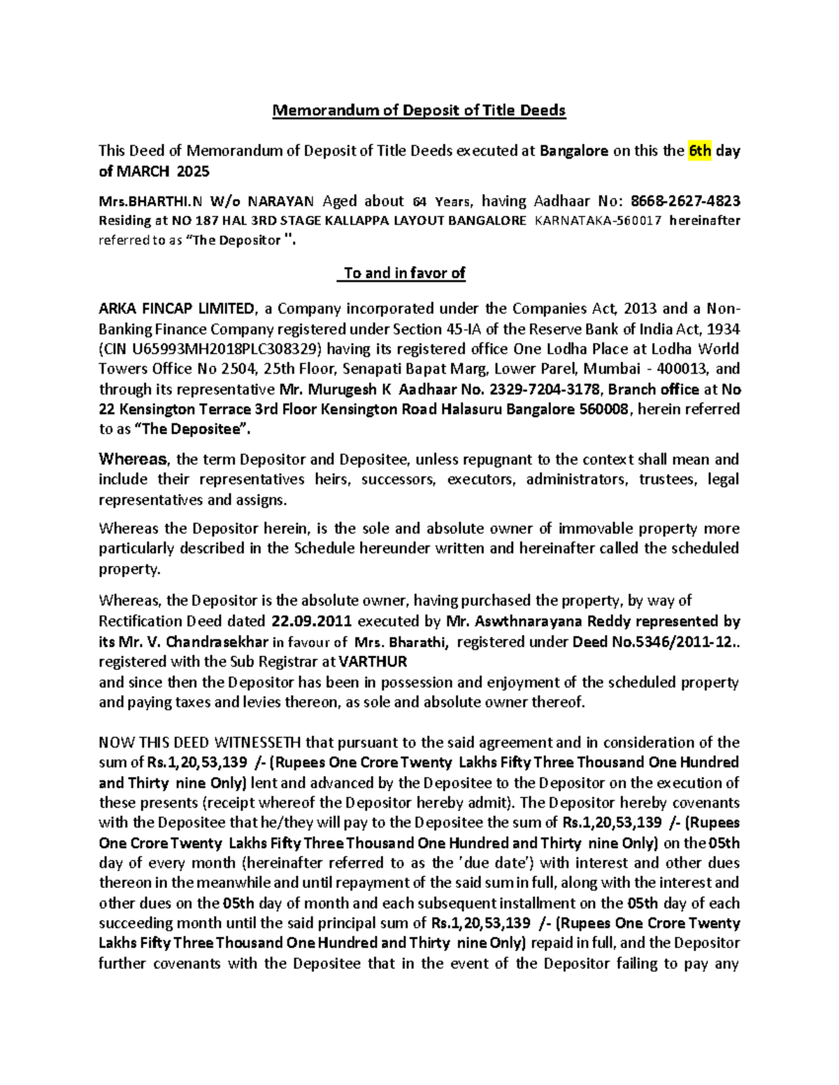 Bharathi Enterprises- MODT - Memorandum of Deposit of Title Deeds This ...