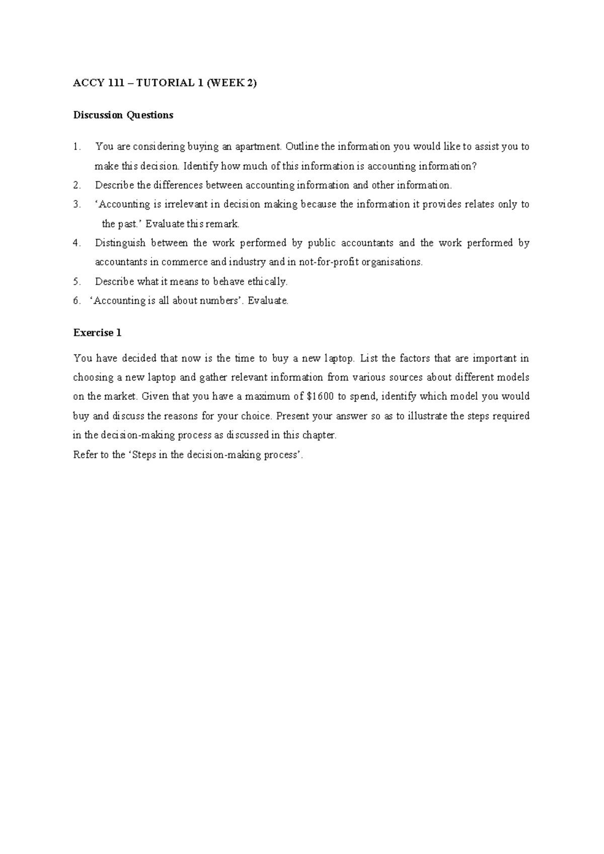 Tutorial 1 - Questions - Tut Ques - ACCY 111 – TUTORIAL 1 (WEEK 2 ...