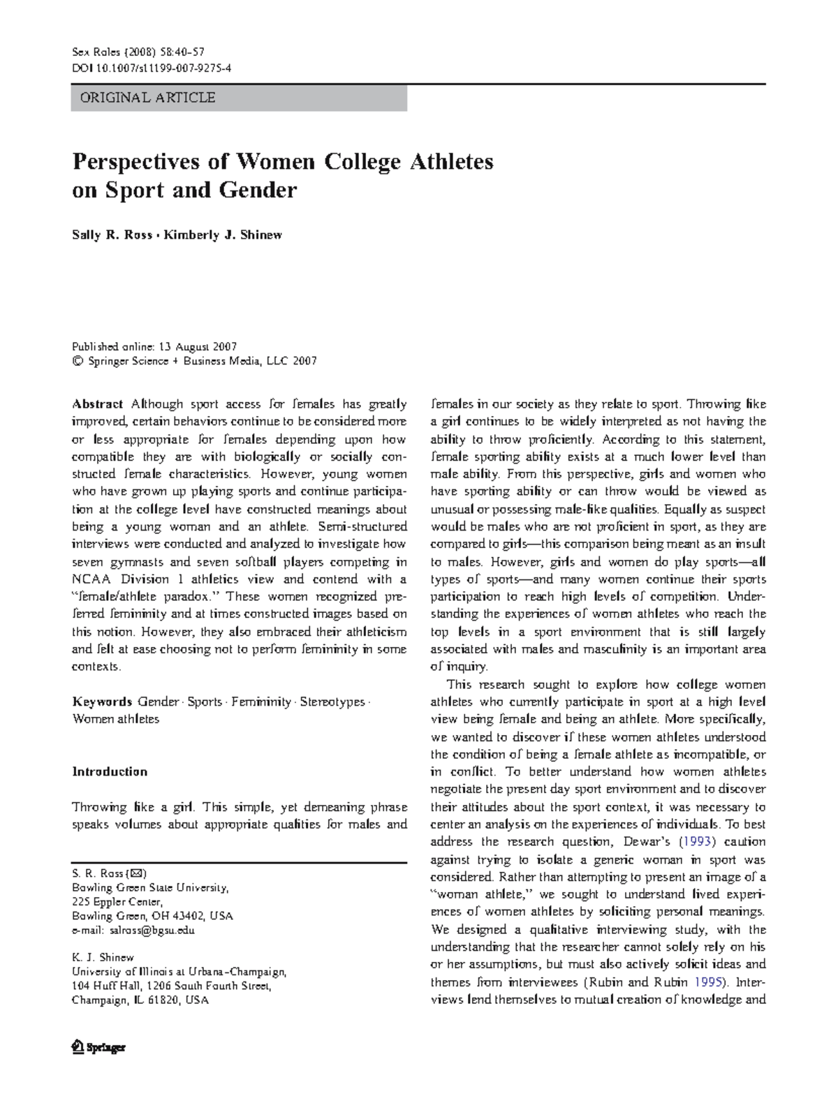 Perspectives of Women College Athletes on Sport and Gender Dynamics ...