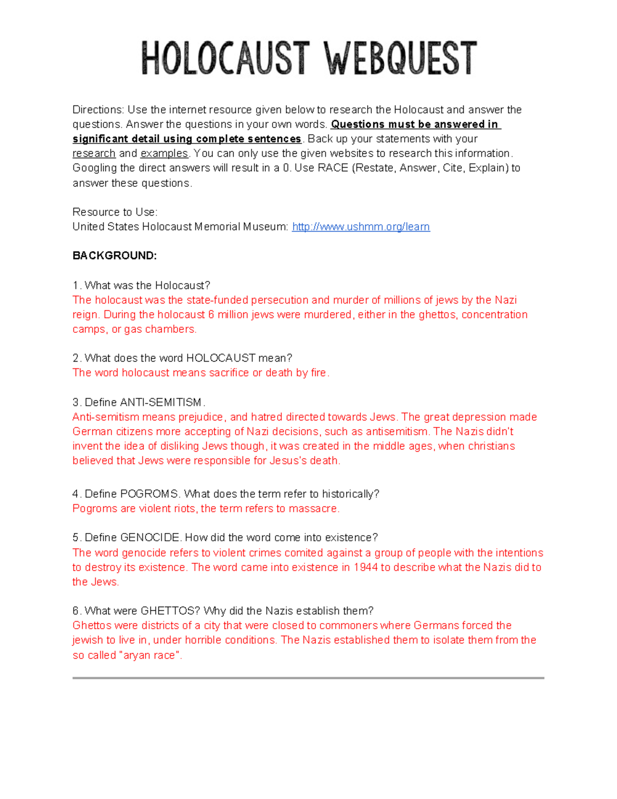 Holocaust Research Webquest: Detailed Answers & Insights - Studocu