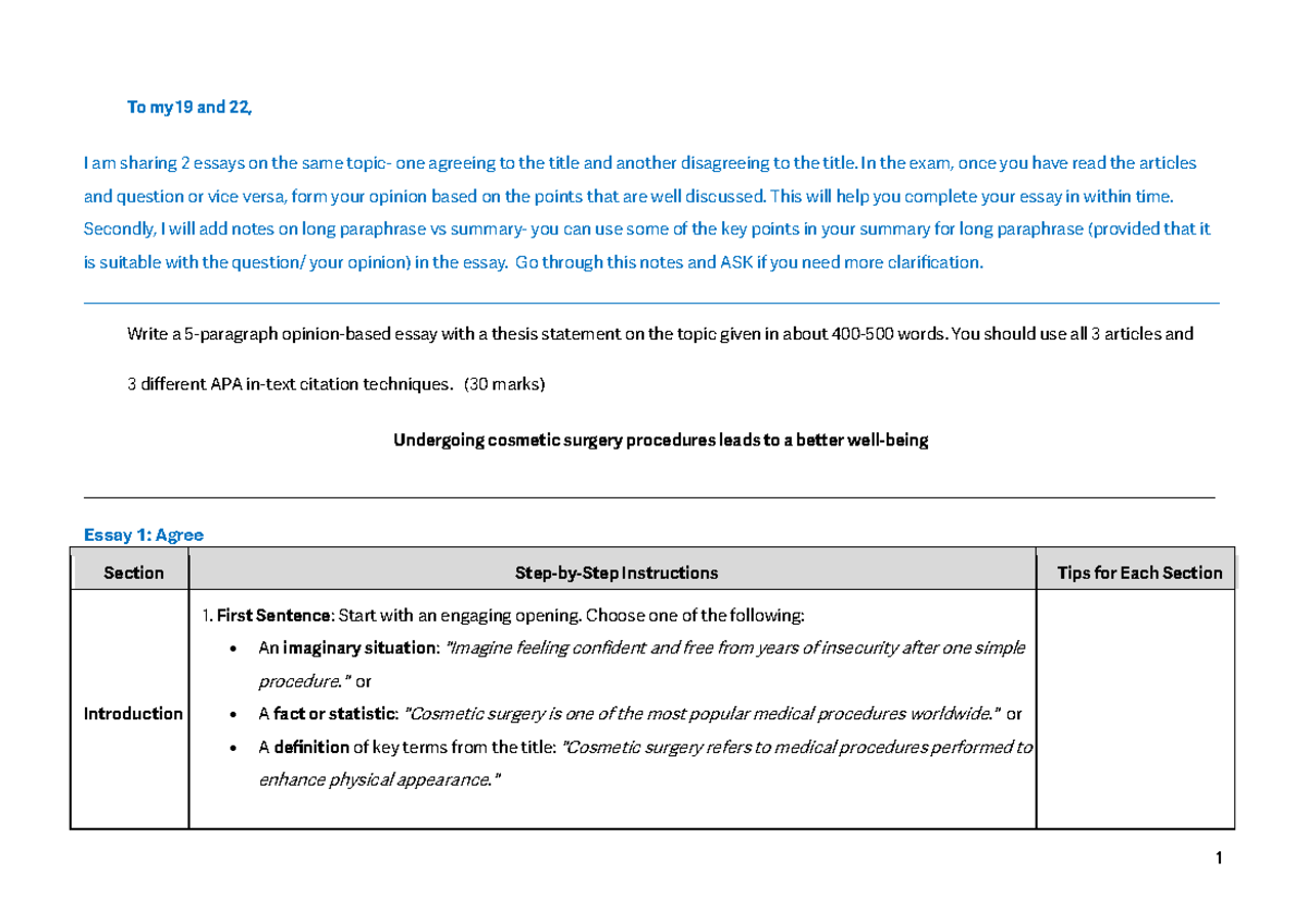 COSC 101: Sample Essays on Cosmetic Surgery Perspectives and APA ...