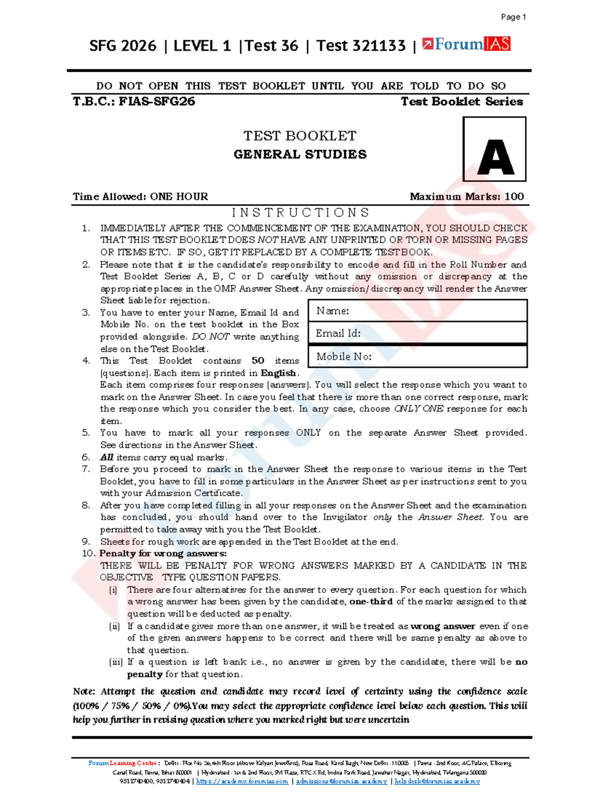 SFG 2026 Level 1 General Studies Test 36 - Question Paper - Studocu
