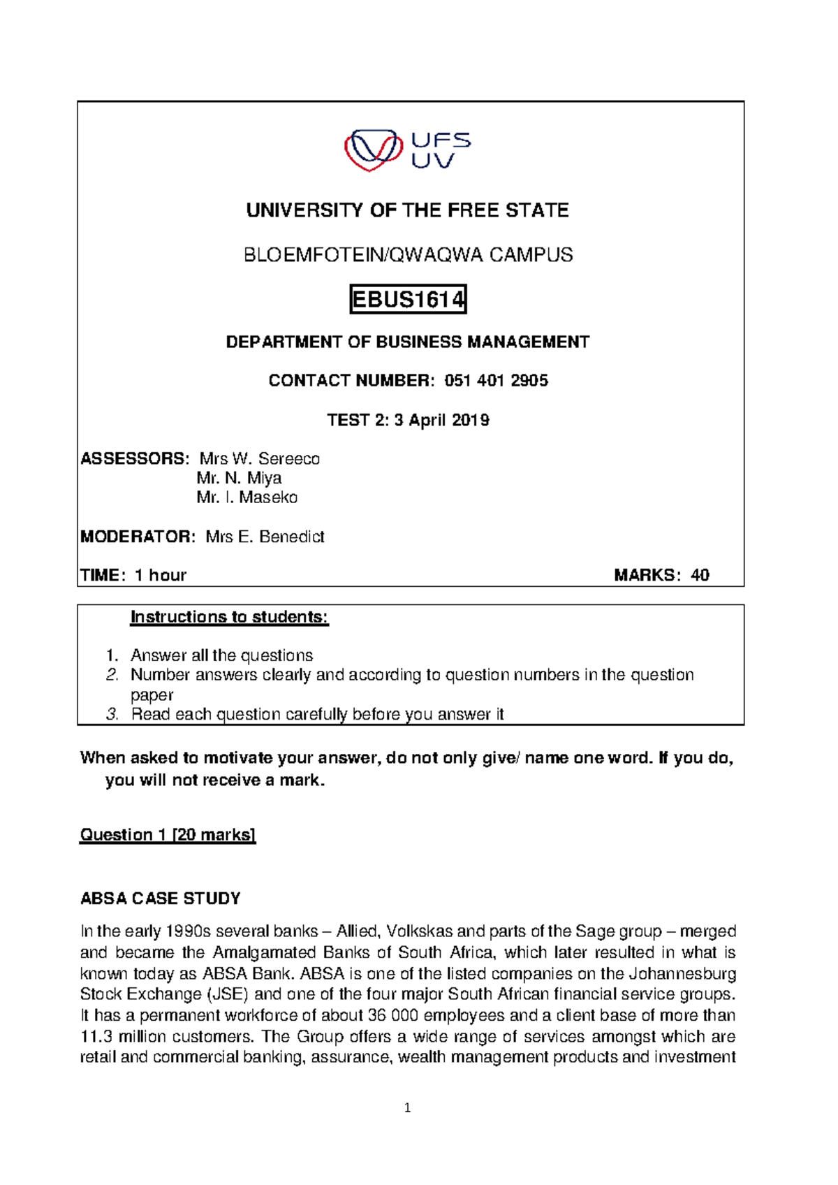 EBUS1614 Test 2: ABSA Case Study Analysis - April 2019 - Studocu
