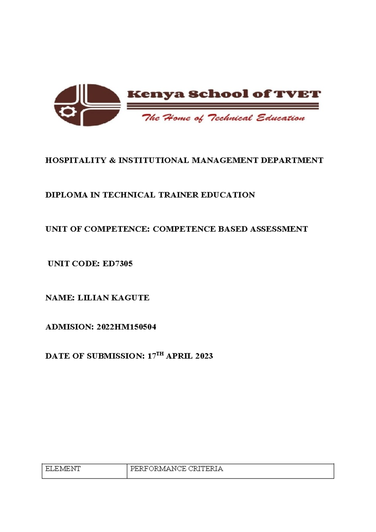 CBA Assignment - NOTES - HOSPITALITY & INSTITUTIONAL MANAGEMENT ...