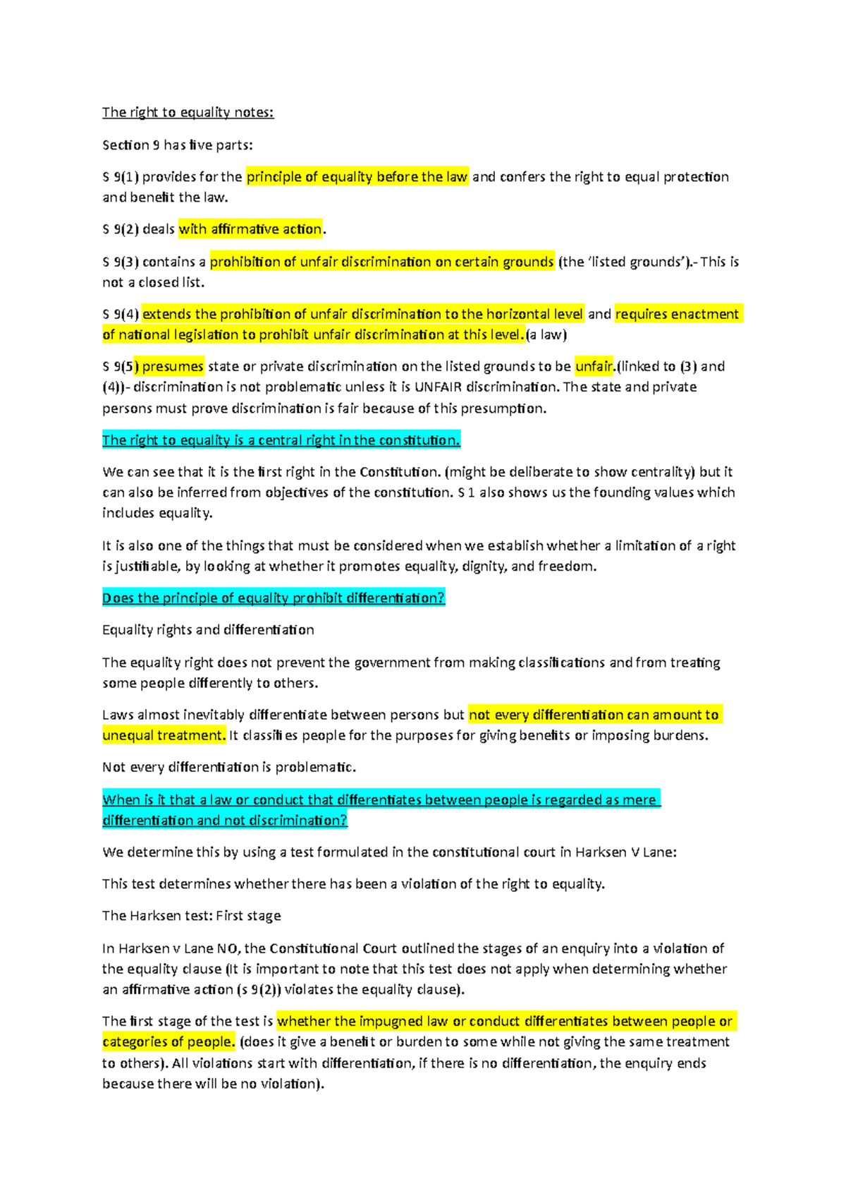 The right to equality notes - CON 202 - Studocu