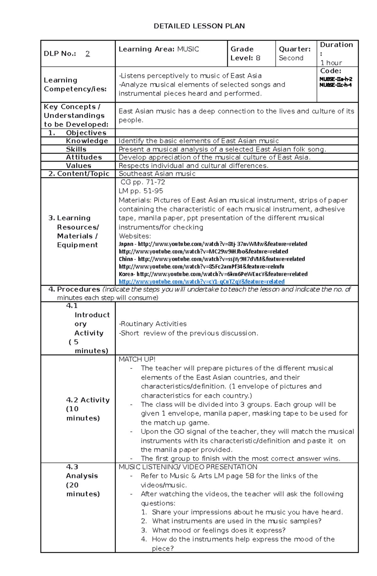 DLP 2 Music Lesson Plan for Grade 8 - East Asia Focus - Studocu