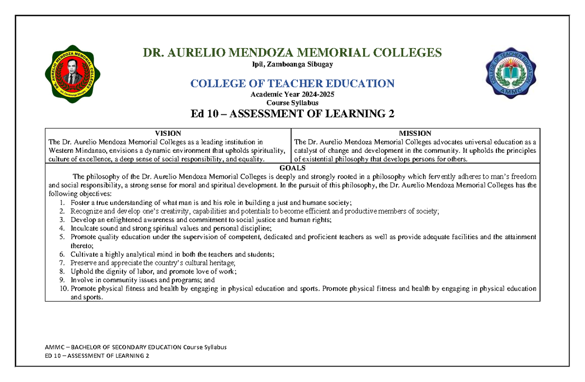AMMC BSEd Course Syllabus: ED 10 - Assessment of Learning 2 - Studocu