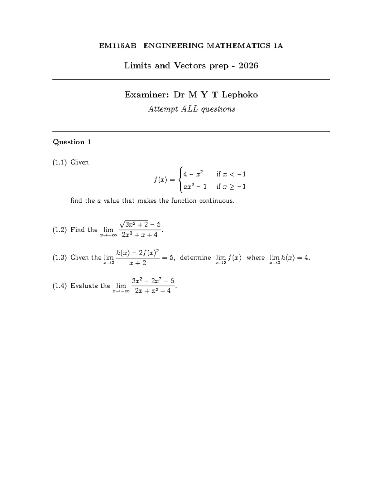 EM115AB ENGINEERING MATHEMATICS 1A Limits Prep for 2026 Exam - Studocu