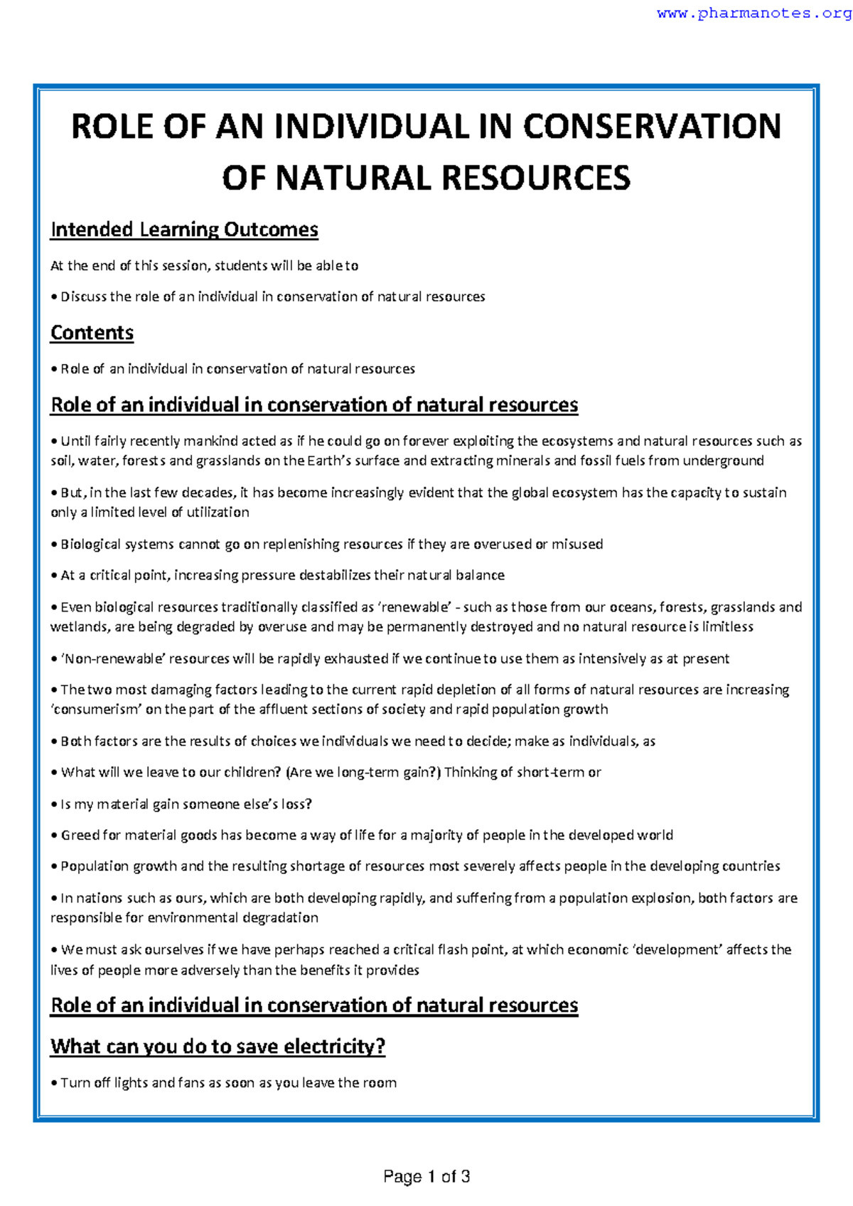 The Role of Individuals in the Conservation of Natural Resources - Studocu