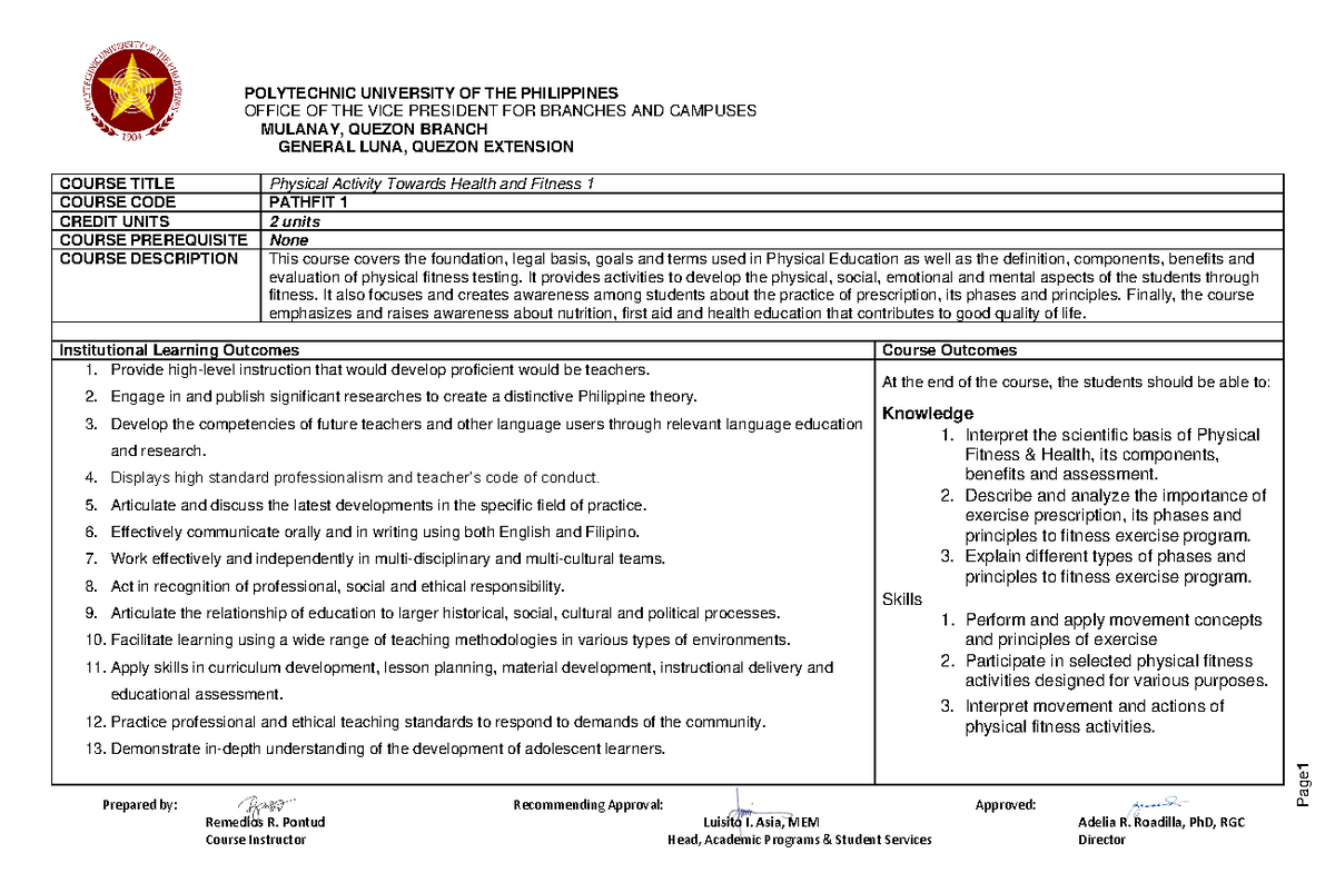 PATHFIT 1 - Syllabus for Physical Activity Towards Health & Fitness ...