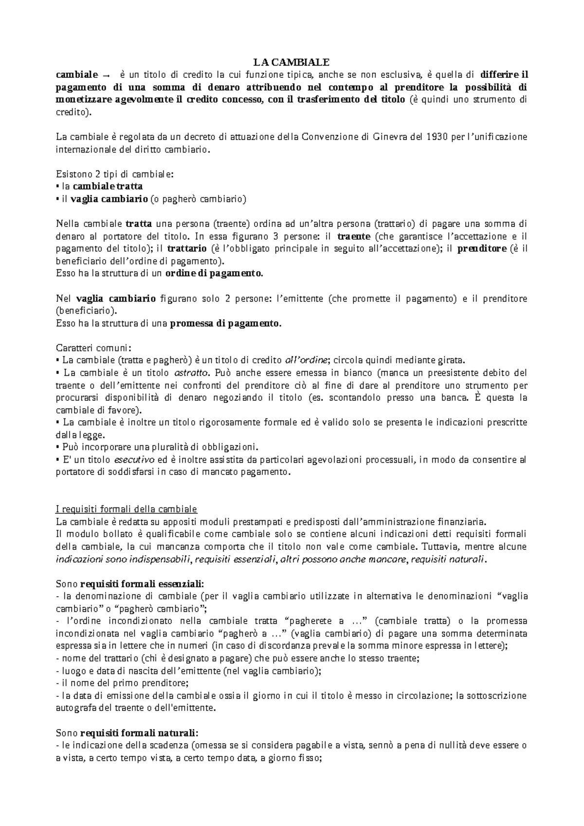 LA CAMBIALE: Funzioni, Tipi e Requisiti Formali - Studocu