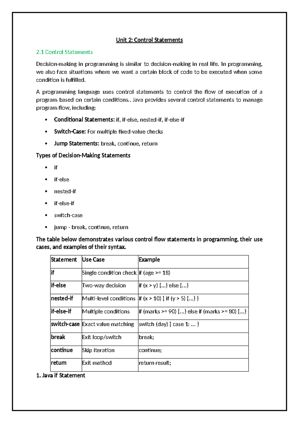 Unit 2: Control Statements in Java Programming (SFG) - Studocu