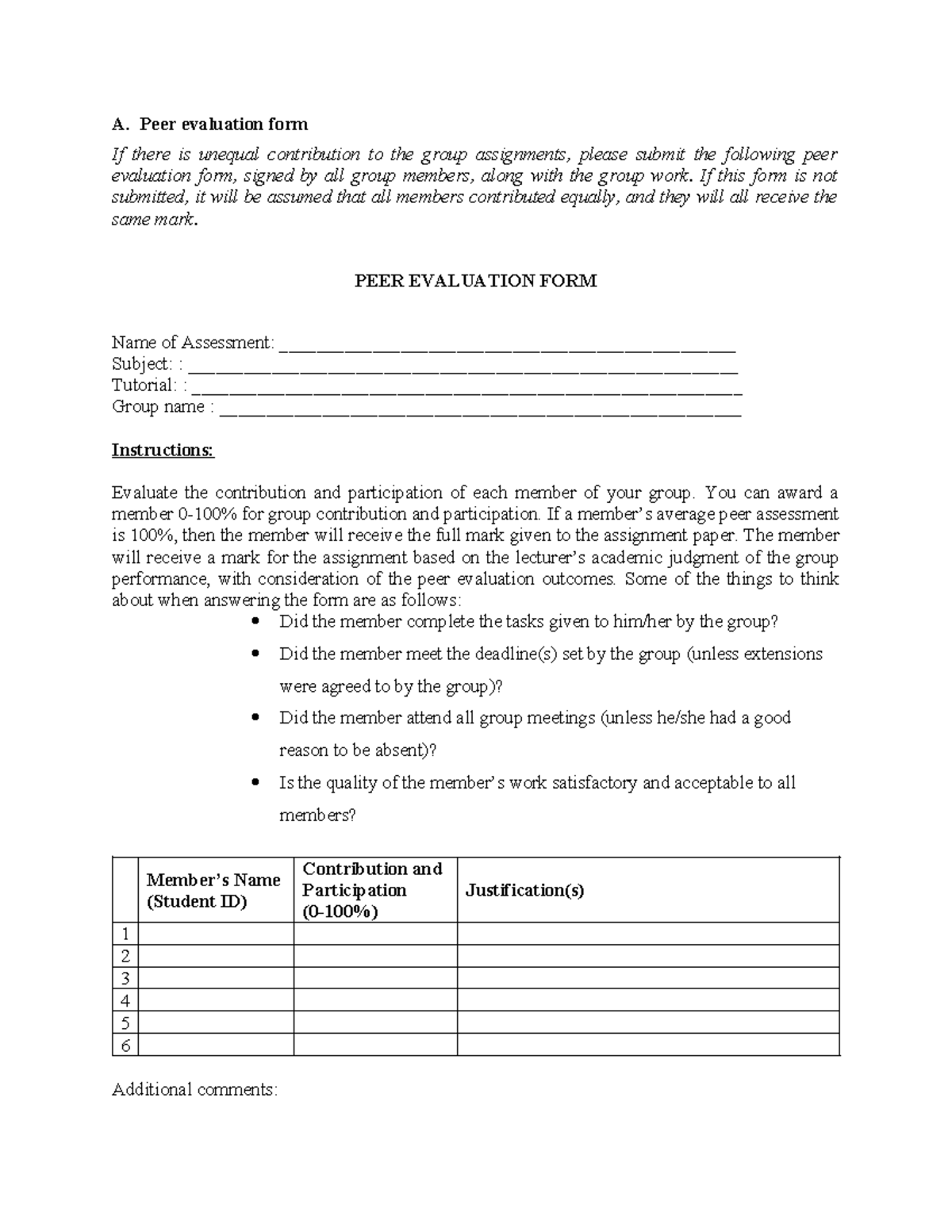 Peer Evaluation Form - OMG: Assessing Group Contributions - Studocu