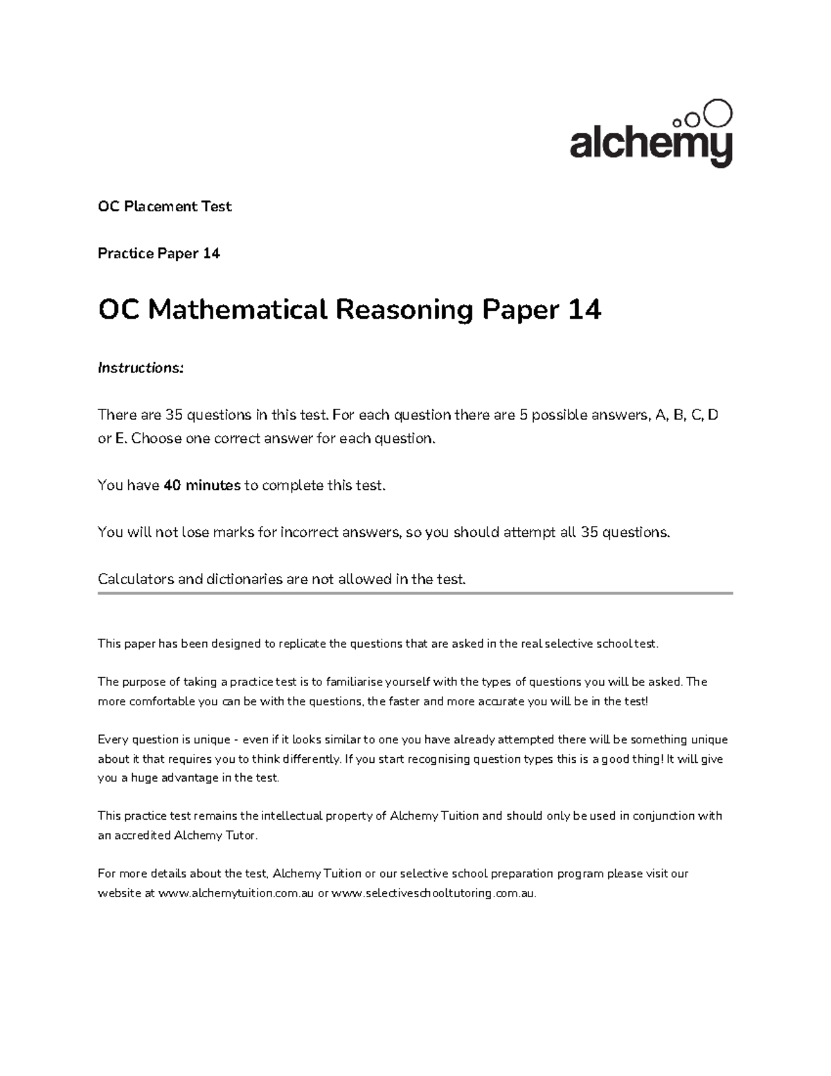 OC Math Reasoning Practice Test Paper 14: 35 Qs in 40 Mins - Studocu