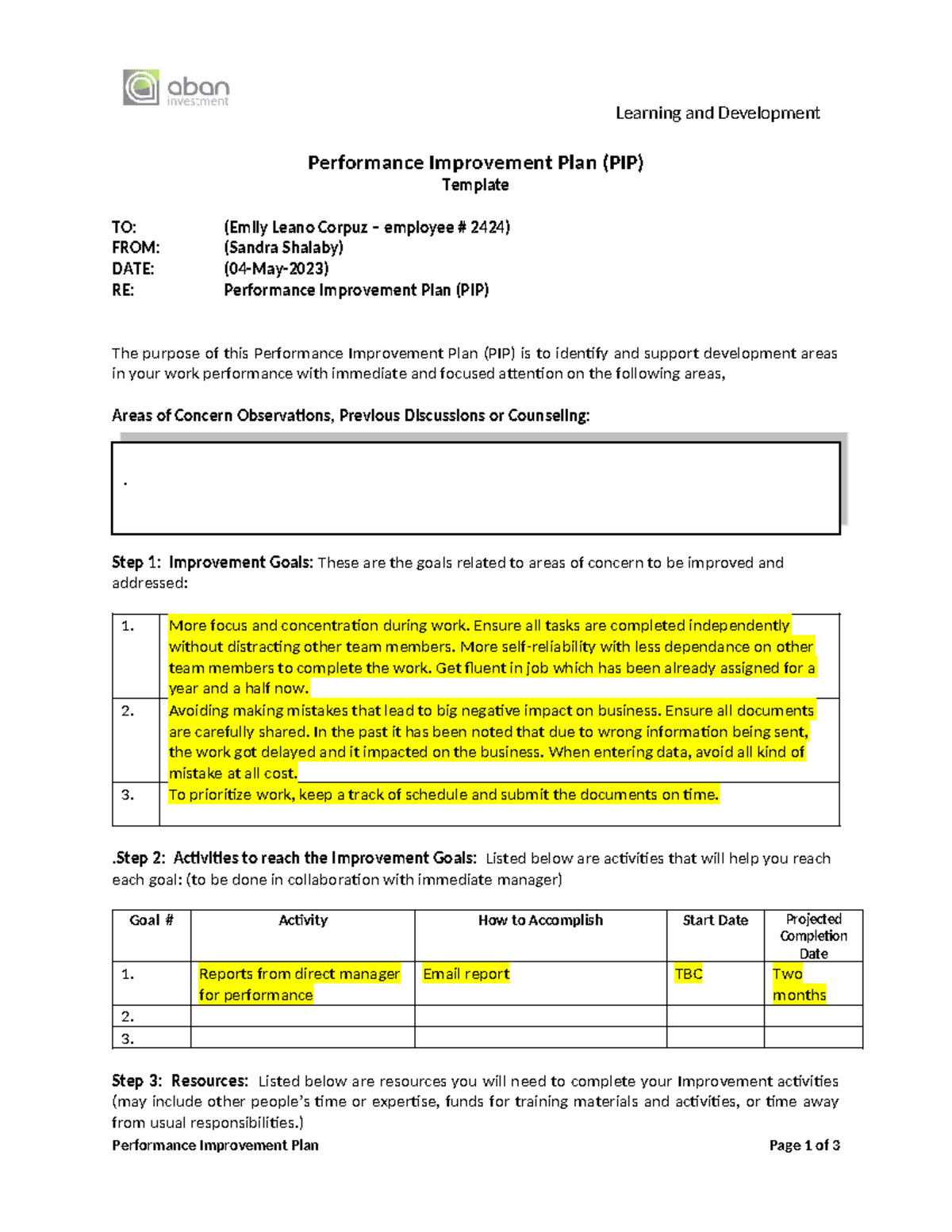 Performance Improvement Plan (PIP) Template for Employee 2424 - Studocu