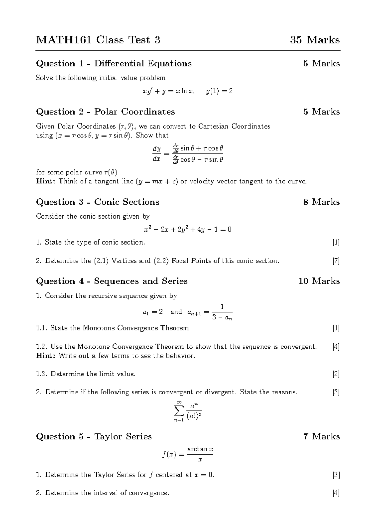 MATH161 Class Test 3: Differential Equations, Polar Coordinates & More ...