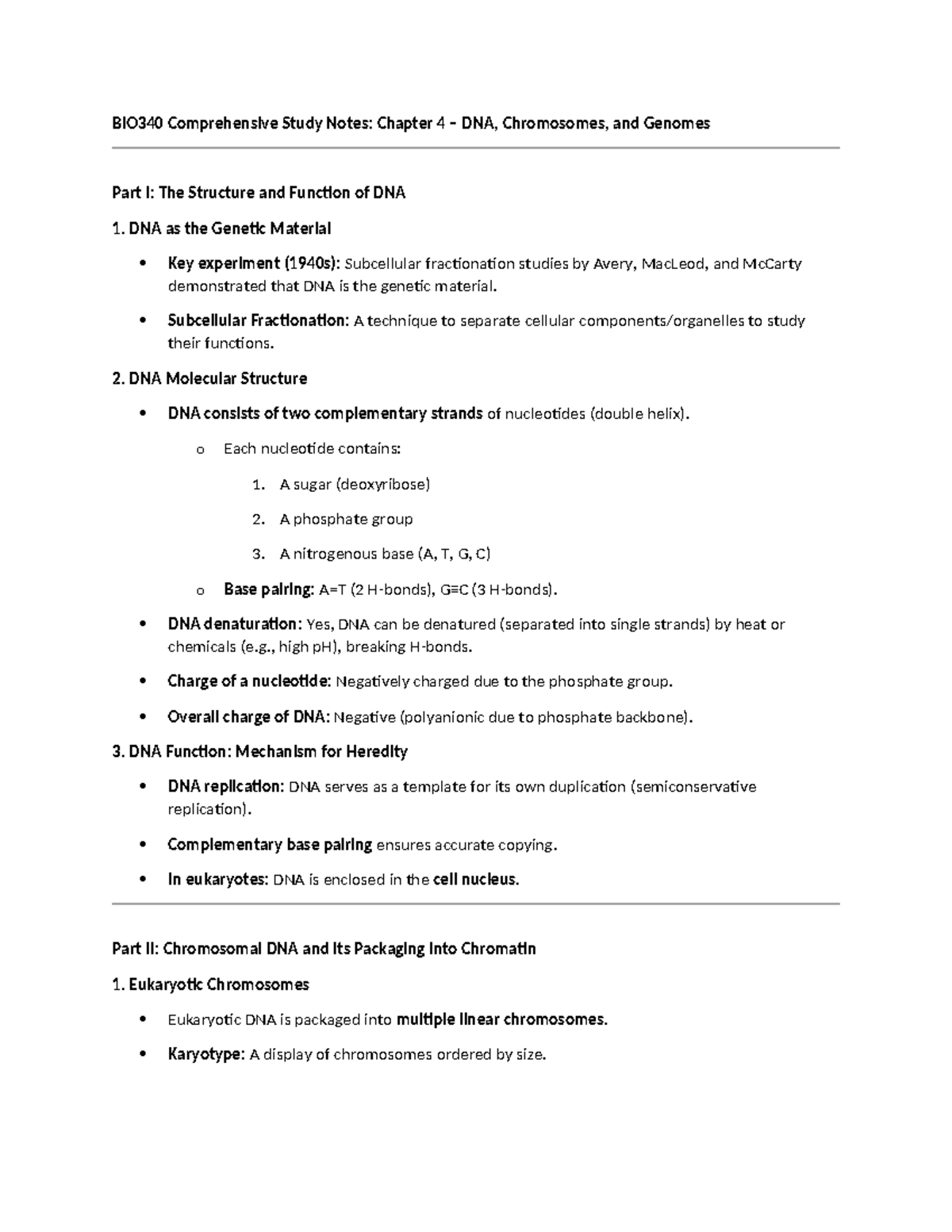 BIO340 Study Notes: Chapter 4 - DNA Structure, Function & Chromosomes ...