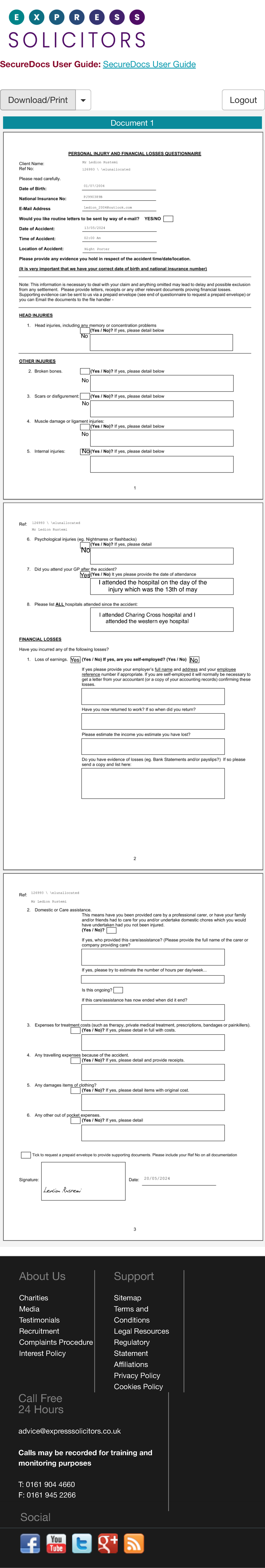 SecureDocs User Guide: Personal Injury & Financial Losses Questionnaire ...