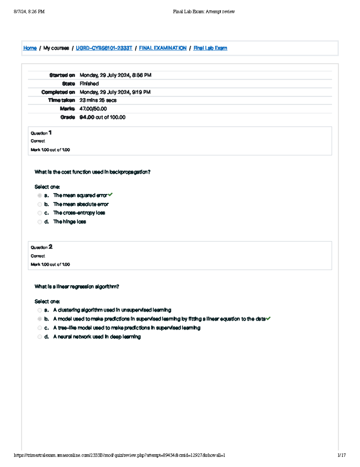 Final Lab Exam Attempt review - Home / My courses / UGRD-CYBS6101-2333T ...