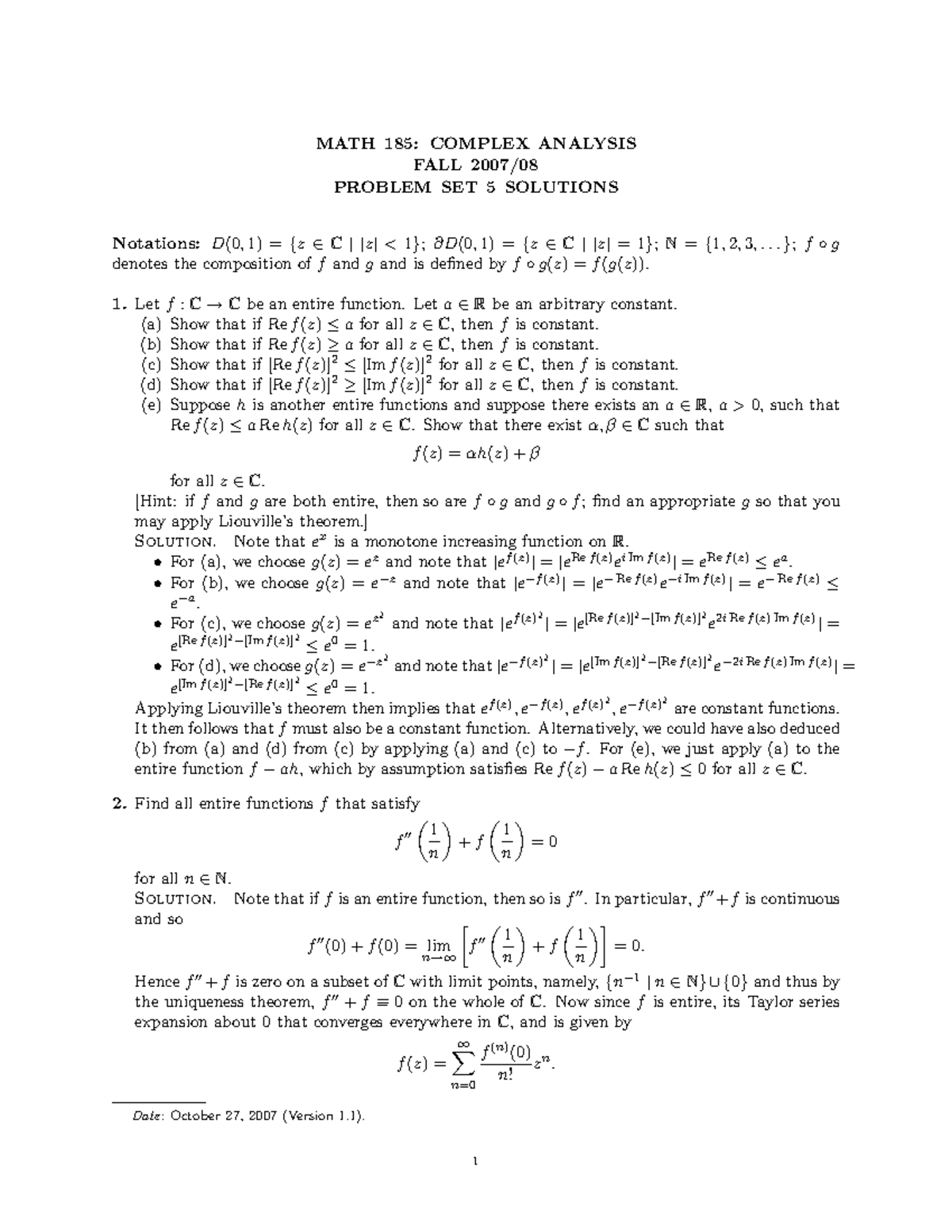 MATH 185: Complex Analysis Fall Problem Set 5 Solutions - Studocu